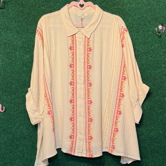 012 NWT Easel Plus Embroidered Button Down Gauze Shirt - Picture 1 of 5